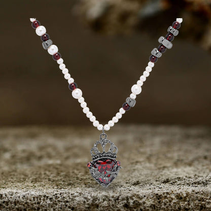 Gothic Crown Heart Shape Pearl Alloy Necklace