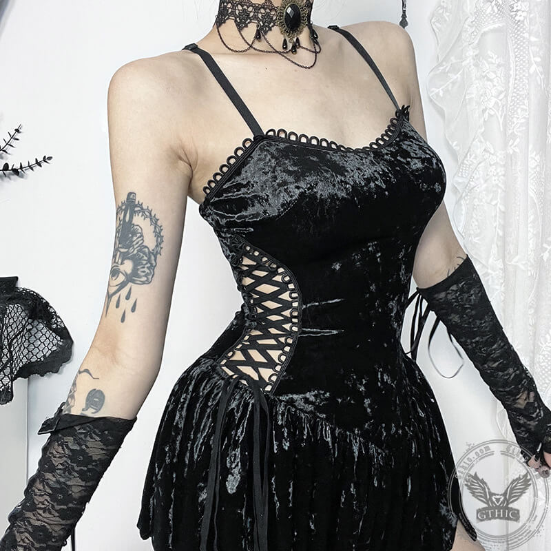 Gothic Hollow Lace Up Suspender Dress
