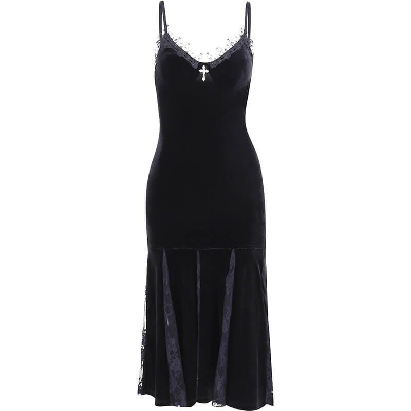 Gothic Lace Velvet Mermaid Slip Dress