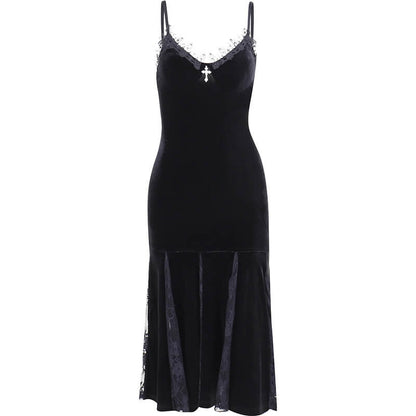 Gothic Lace Velvet Mermaid Slip Dress