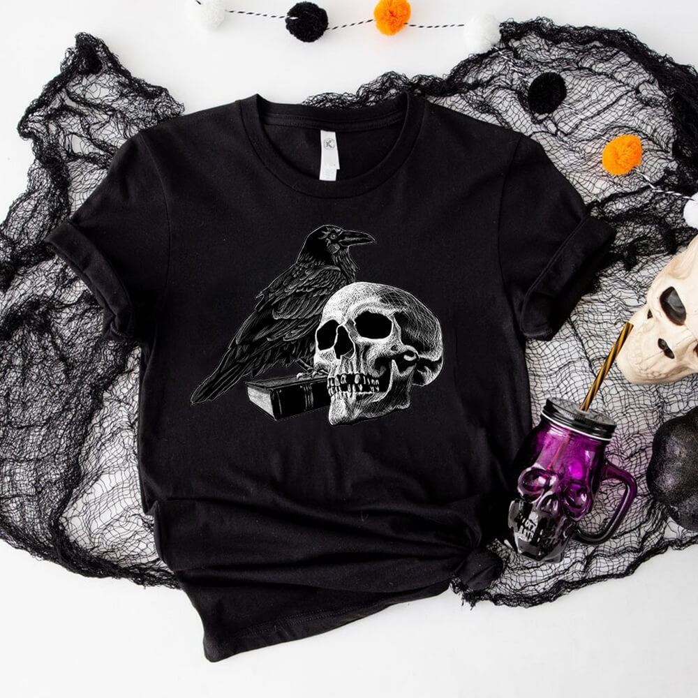 Gothic Raven Skull Round Neck Short Sleeve T-shirt