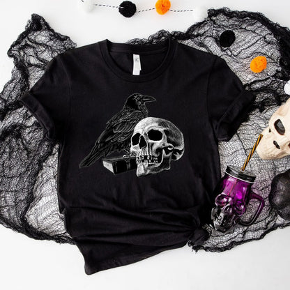 Gothic Raven Skull Round Neck Short Sleeve T-shirt