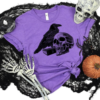 Gothic Raven Skull Round Neck Short Sleeve T-shirt
