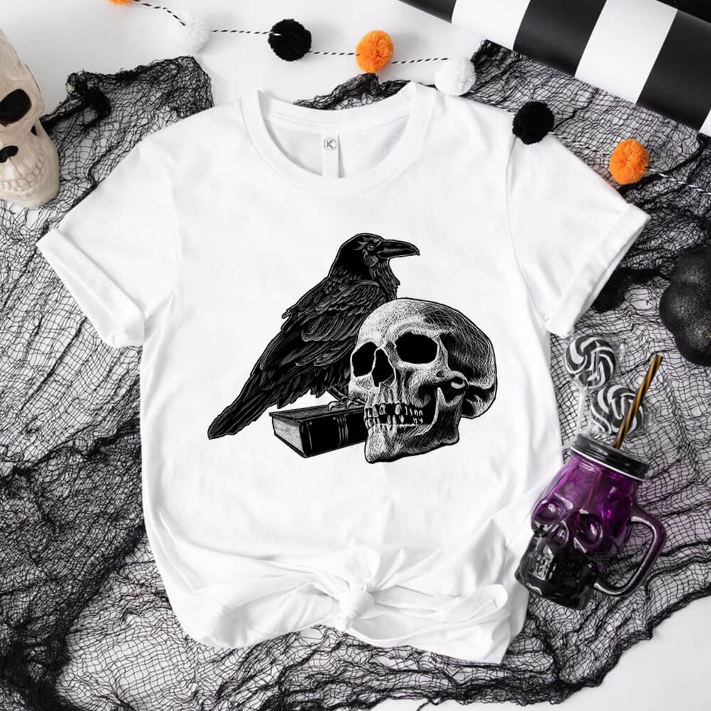 Gothic Raven Skull Round Neck Short Sleeve T-shirt