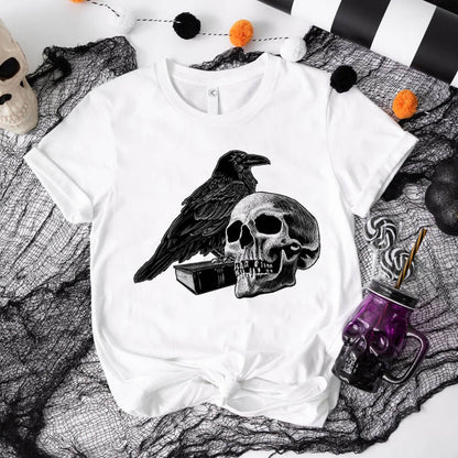 Gothic Raven Skull Round Neck Short Sleeve T-shirt