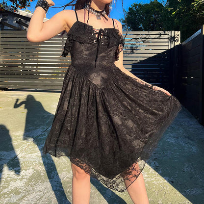 Gothic Ruffled Irregular A-Line Lace Suspender Dress