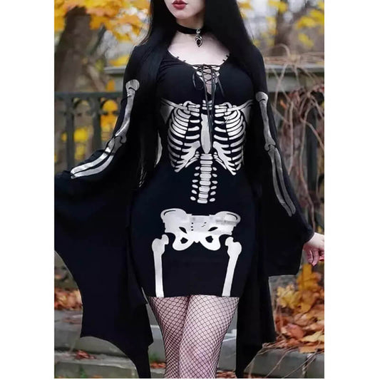 Gothic Skeleton Bat Sleeve Mini Dress