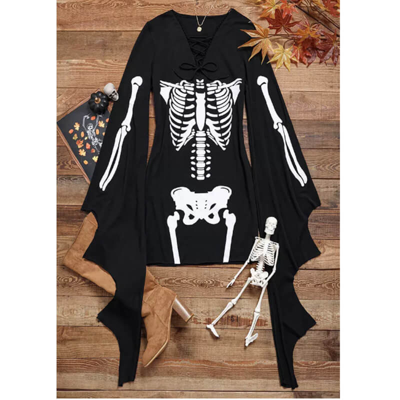 Gothic Skeleton Bat Sleeve Mini Dress