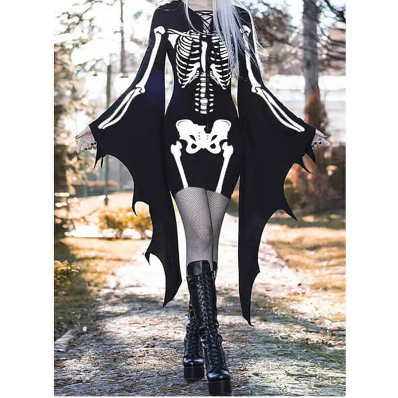 Gothic Skeleton Bat Sleeve Mini Dress
