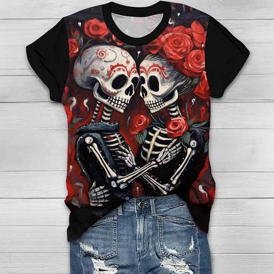 Gothic Skull Love Round Neck Short Sleeve T-Shirt