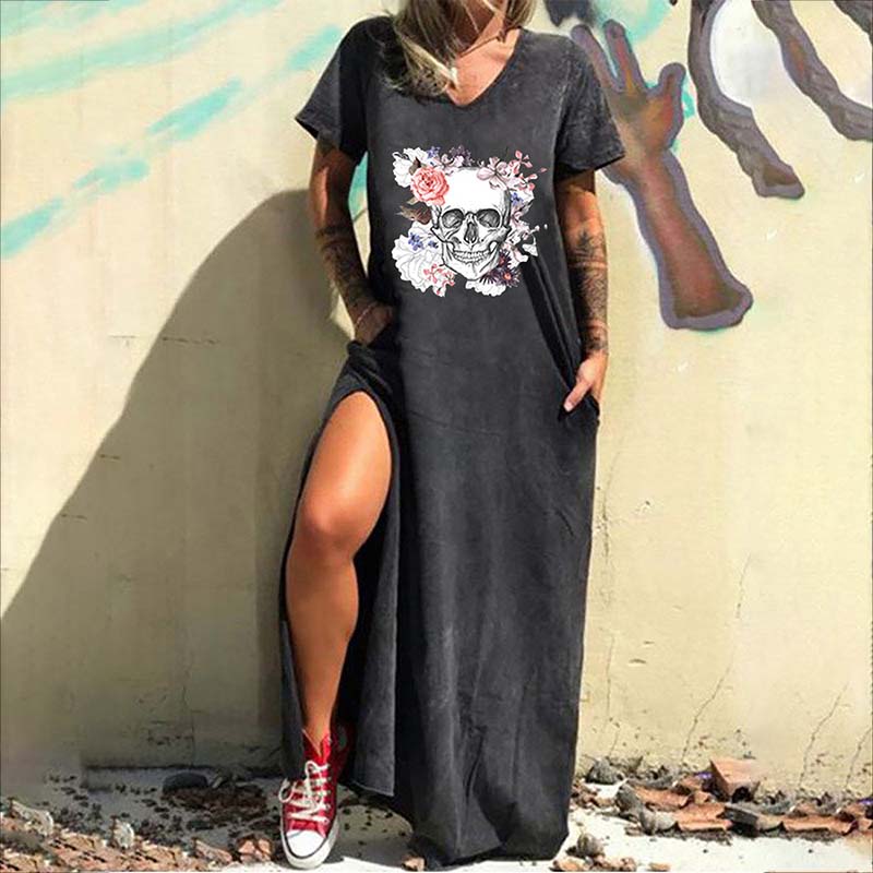 Gothic Skull Print V-neck Women’s Casual Dress