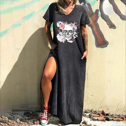 Gothic Skull Print V-neck Women’s Casual Dress