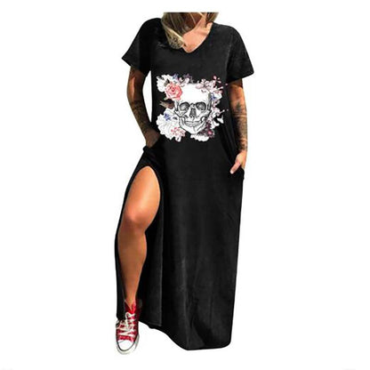 Gothic Skull Print V-neck Women’s Casual Dress