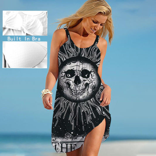 Gothic Skull Sun Moon Print Built In Bra Dress