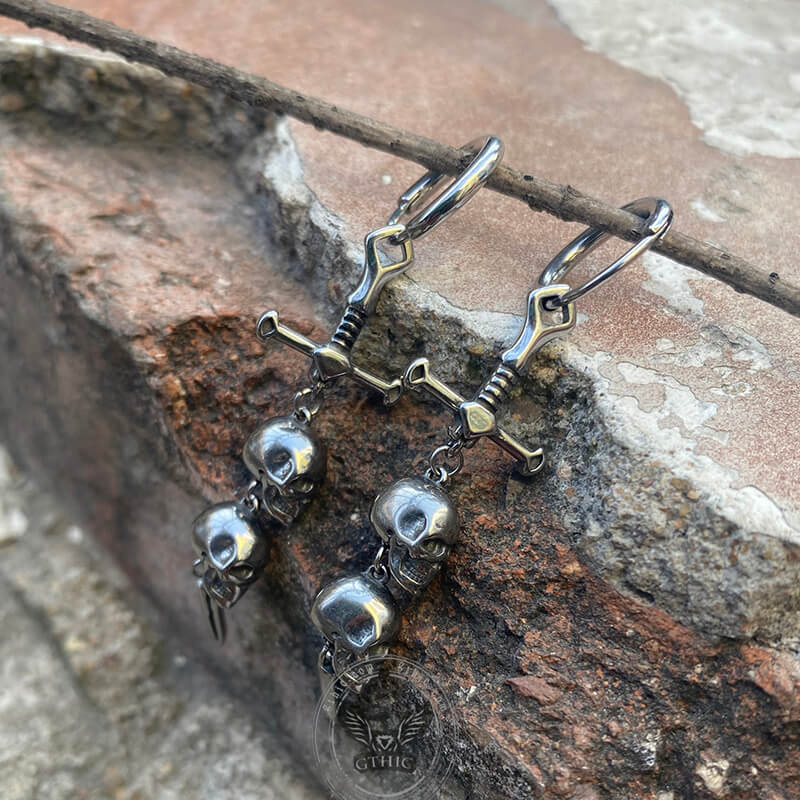 Gothic Sword Skulls Stainless Steel Hoop Earrings