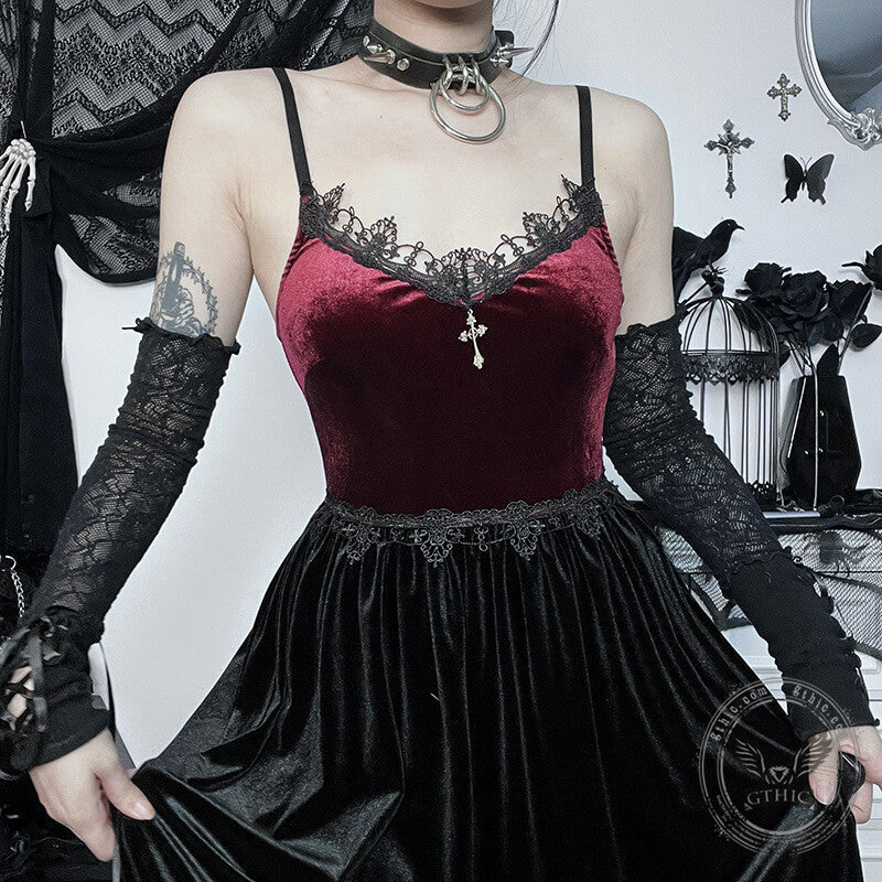 Gothic Two-tone Lace Velvet Slip Dress