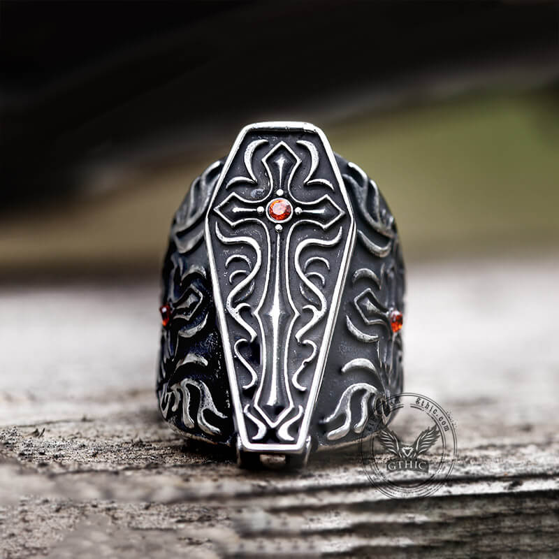 Gothic Vampire Coffin Stainless Steel Cross Ring