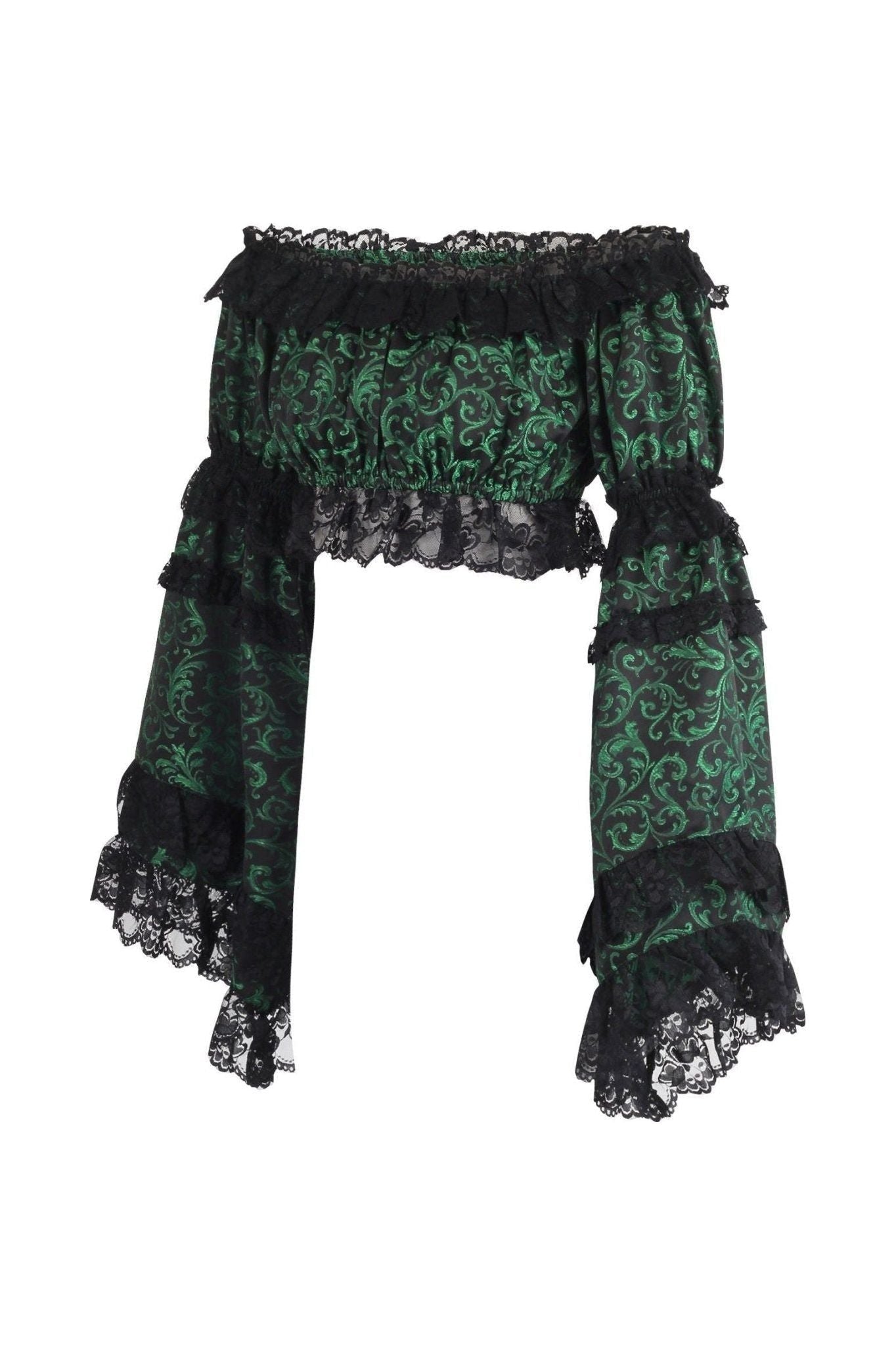 Green/Black Brocade Smocked Flare Sleeve Peasant Top