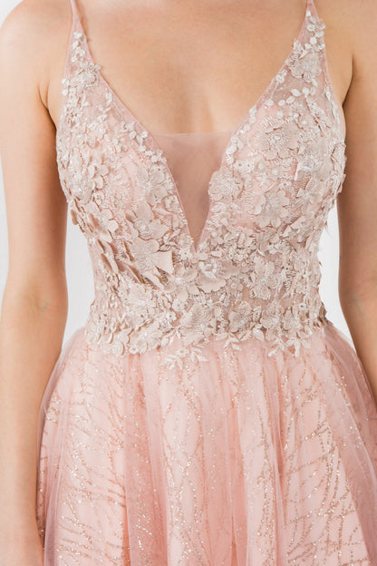 Sheer Bodice V-Neck Glitter Mesh Homecoming Dress