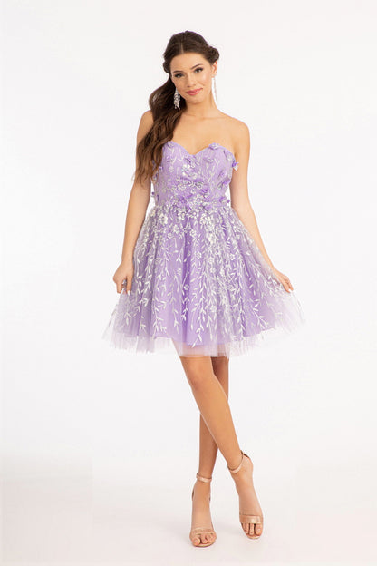 3D Floral Applique Embellished Glitter Mesh Sweetheart Short Dress