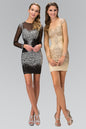 Long Sleeve Bodycon Short Dress Accented with Jewel and Sequin