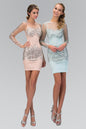 Sheer Long Sleeve Bodycon Short Dress Accented with Jewel and Sequin