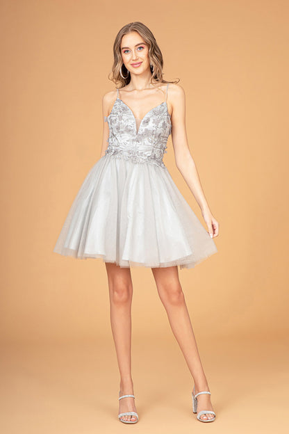 3-D Flower Applique Mesh Short Dress w/ Short Mesh Cape