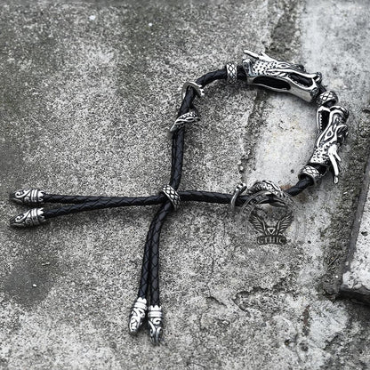 Vintage Double Dragon Stainless Steel Leather Animal Bracelet