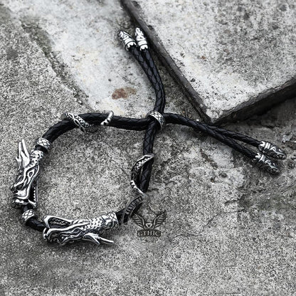 Vintage Double Dragon Stainless Steel Leather Animal Bracelet