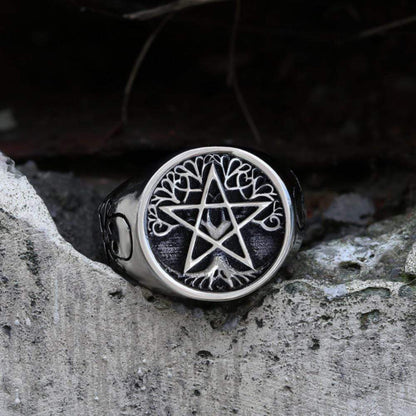 Pentagram Tree of Life Stainless Steel Viking Ring