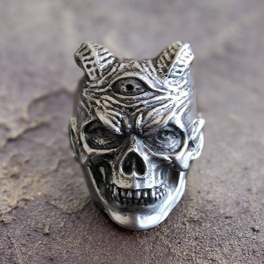 Three Eyed Demon Stainless Steel Skull Ring