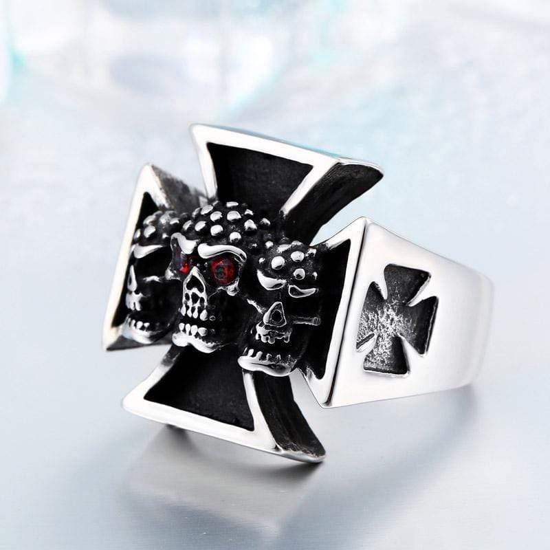 Red Eye Cross Titanium Steel Skull Ring