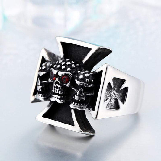 Red Eye Cross Titanium Steel Skull Ring