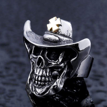 White Cross Hat Stainless Steel Skull Ring