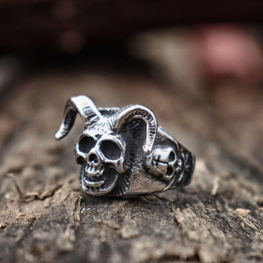 Horned Goat Devil Skull Ring