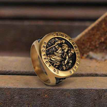 Saint Christopher Protect Us Stainless Steel Cross Ring