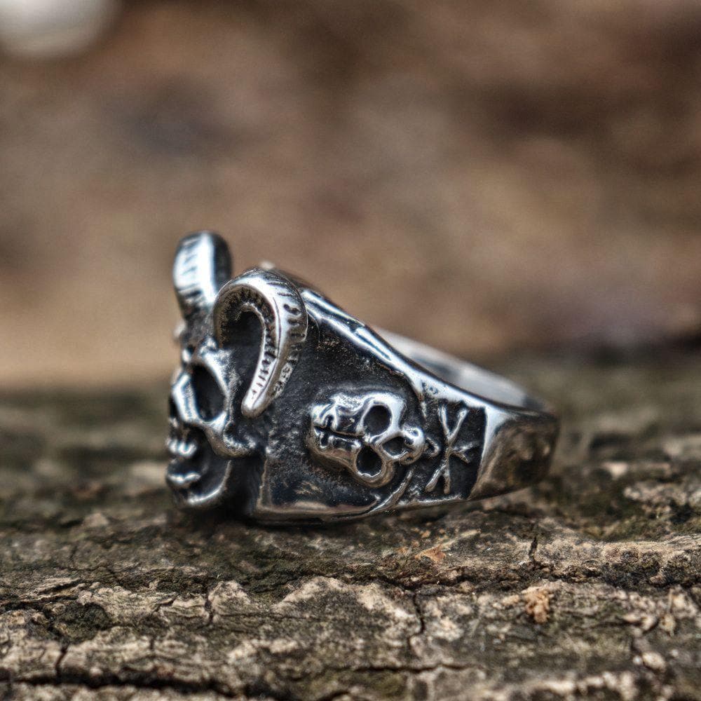 Horned Goat Devil Skull Ring