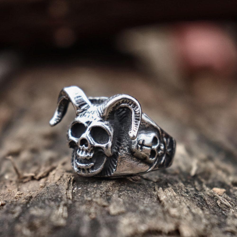 Horned Goat Devil Skull Ring