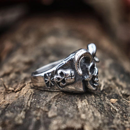 Horned Goat Devil Skull Ring