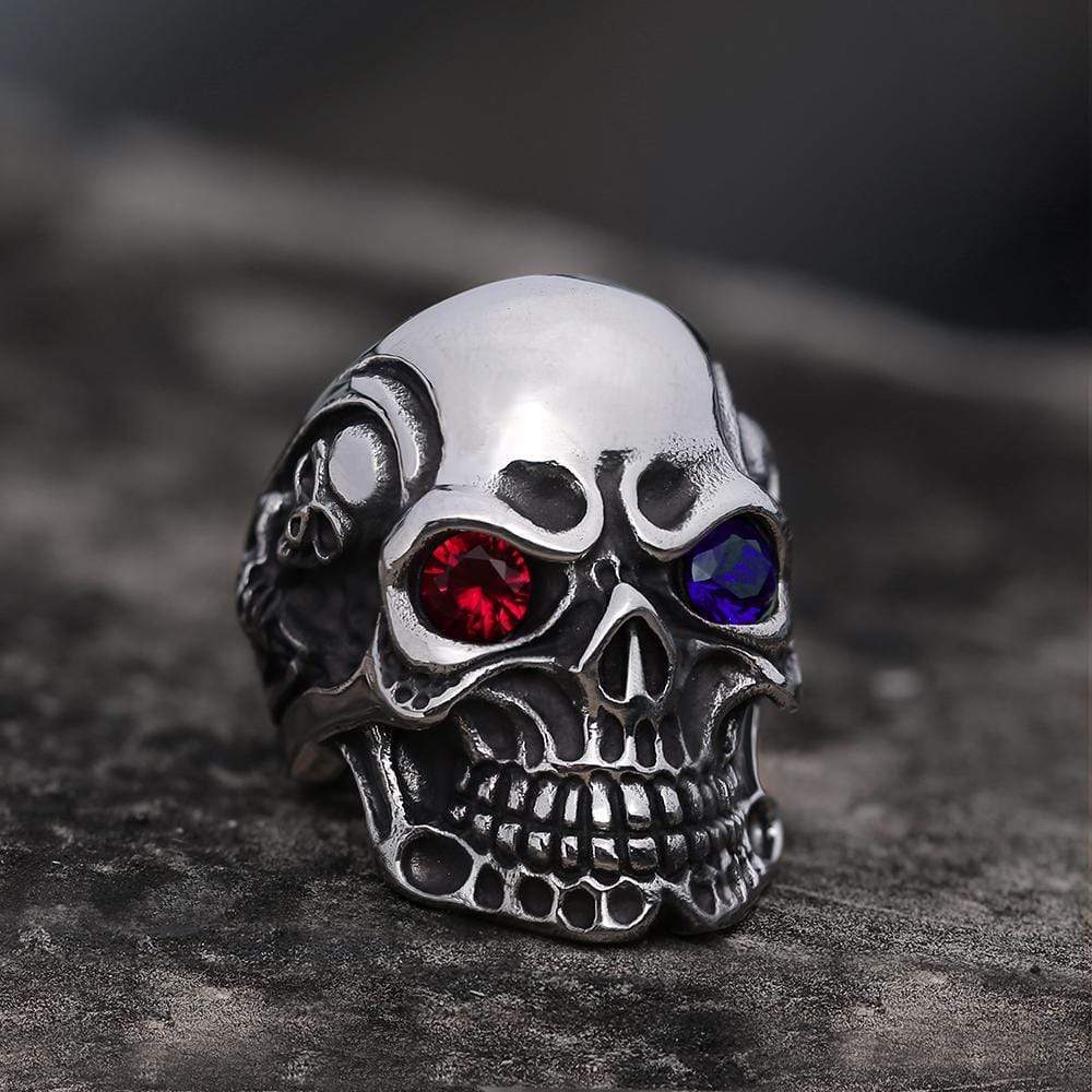 Ruby & Sapphire Eye Stainless Steel Skull Ring