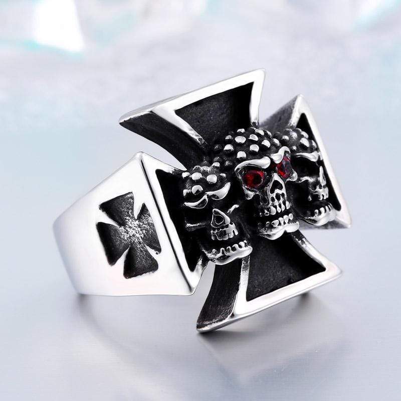 Red Eye Cross Titanium Steel Skull Ring