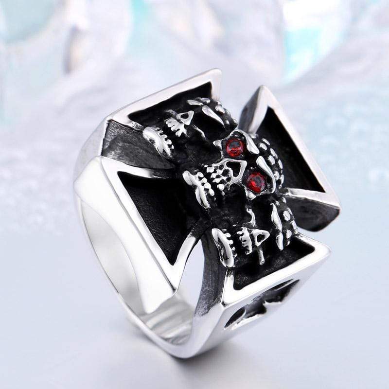 Red Eye Cross Titanium Steel Skull Ring