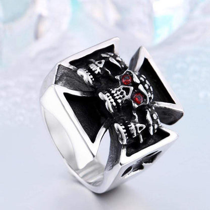 Red Eye Cross Titanium Steel Skull Ring