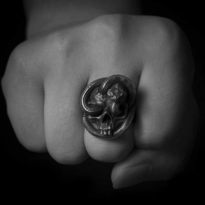 Snake Winding Stainless Steel Mens Skull Ring