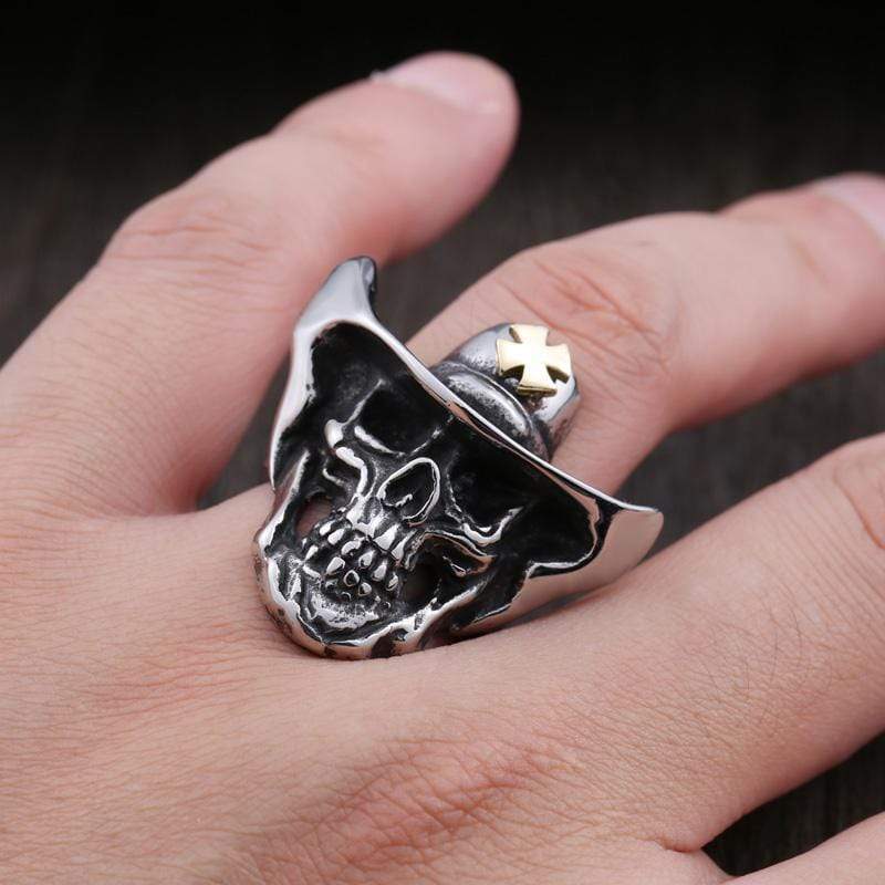 White Cross Hat Stainless Steel Skull Ring