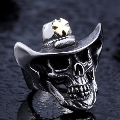 White Cross Hat Stainless Steel Skull Ring