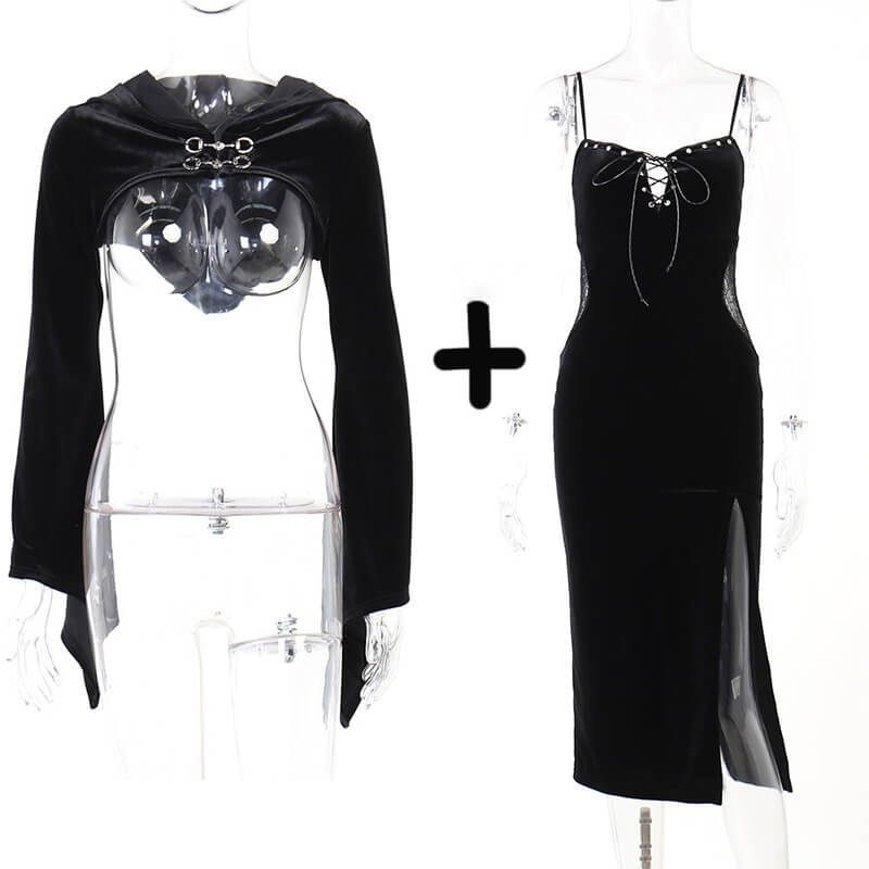 Halloween Flare Sleeve Hooded Dress Set