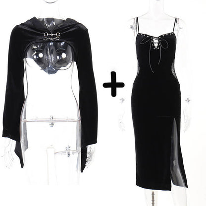 Halloween Flare Sleeve Hooded Dress Set