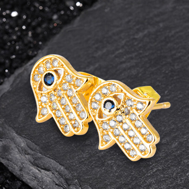Hamsa Hand Brass Zircon Stud Earrings