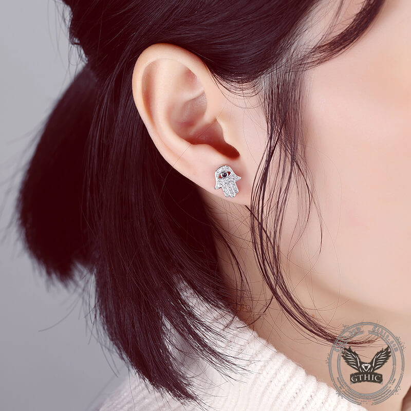 Hamsa Hand Brass Zircon Stud Earrings